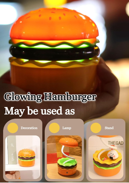 Cute Burger Lamp for Kids | Spring Bouncy LED Night Light | Burger Table Lamp for Bedroom, Study Desk & Gifting